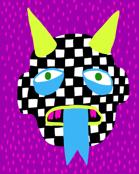 Checkered goblin face with neon horns, blue tongue, and wide green eyes on a magenta background – playful and surreal paint by numbers artwork.