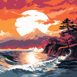 Vibrant sunset over ocean waves with mountain in background