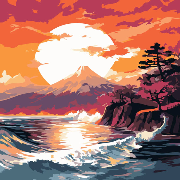Vibrant sunset over ocean waves with mountain in background