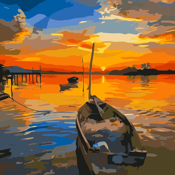 Colorful sunset painting with a boat on calm water