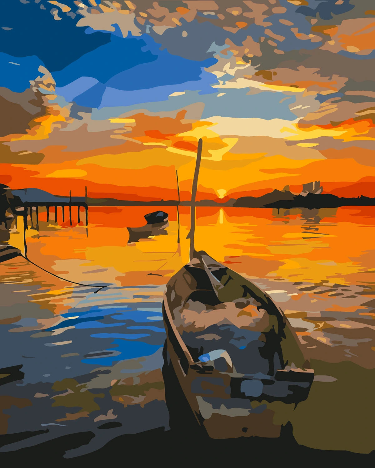 Colorful sunset painting with a boat on calm water