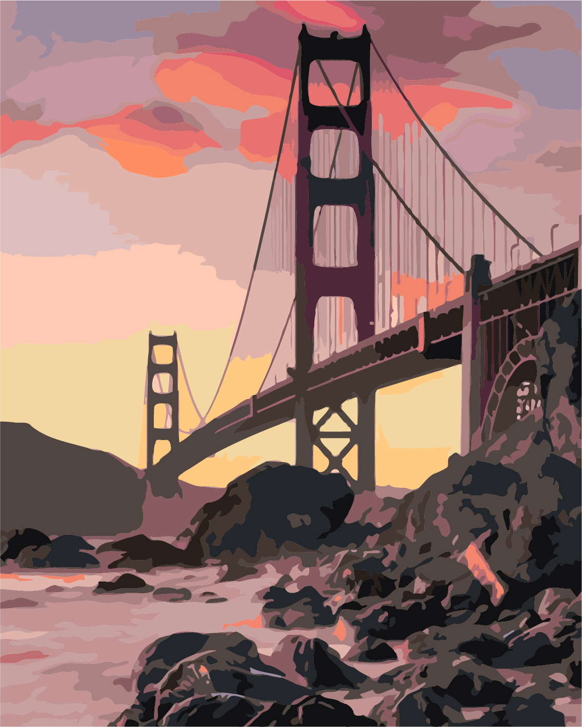 Golden Gate Bridge painting with sunset sky and rocky shoreline