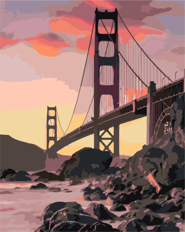 Golden Gate Bridge painting with sunset sky and rocky shoreline