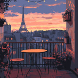 Romantic Paris balcony view with Eiffel Tower at sunset