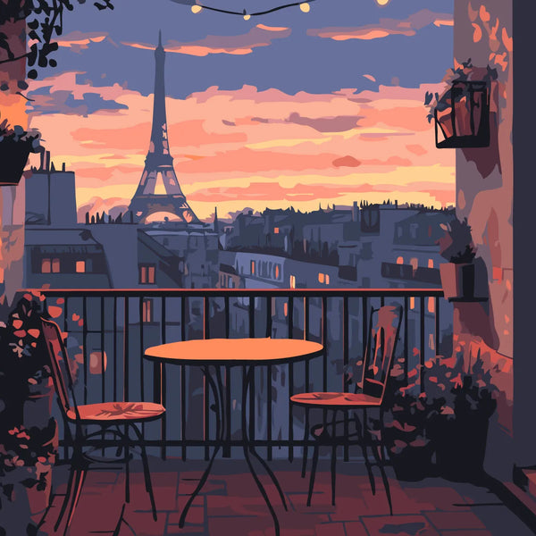 Romantic Paris balcony view with Eiffel Tower at sunset