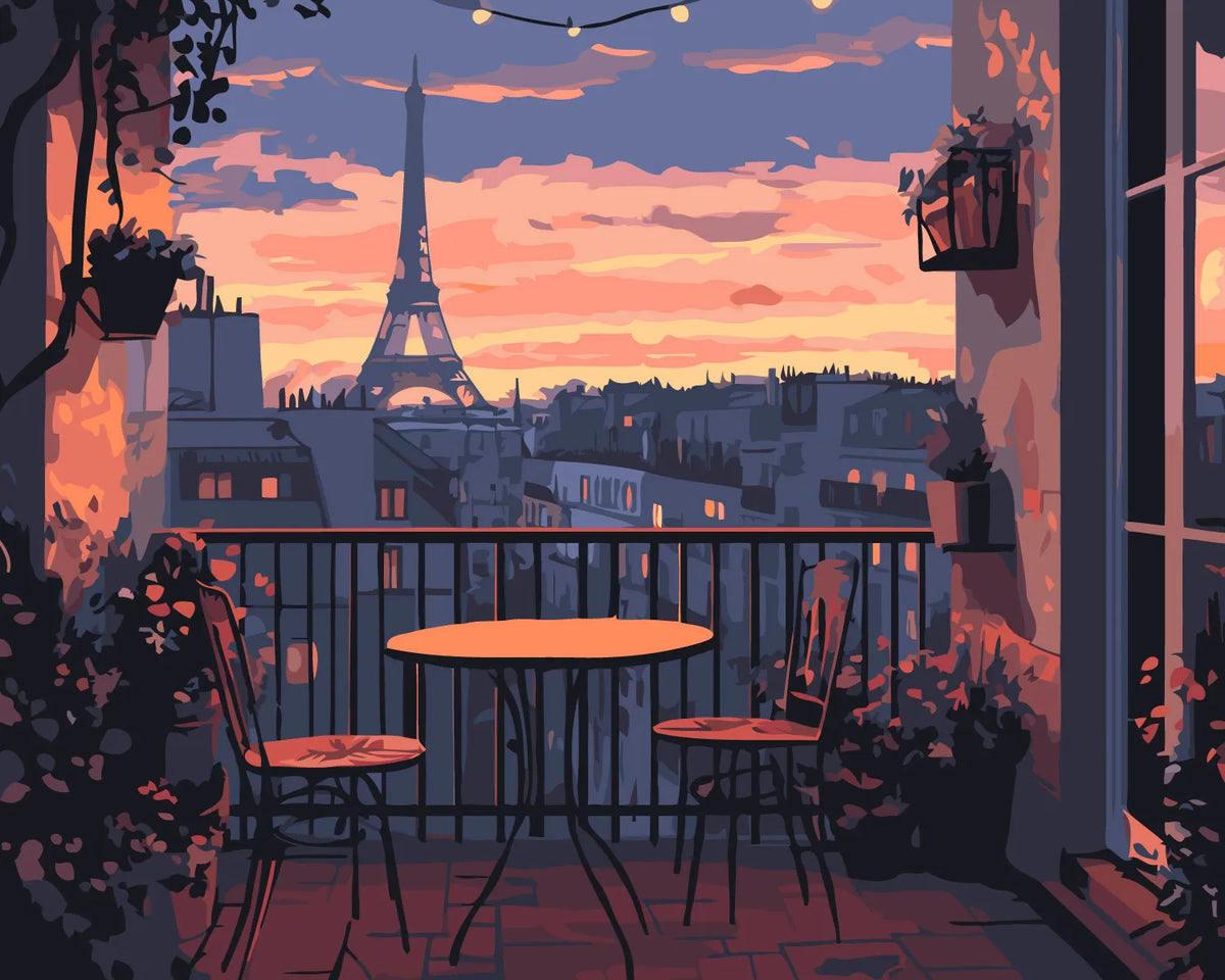 Romantic Paris balcony view with Eiffel Tower at sunset