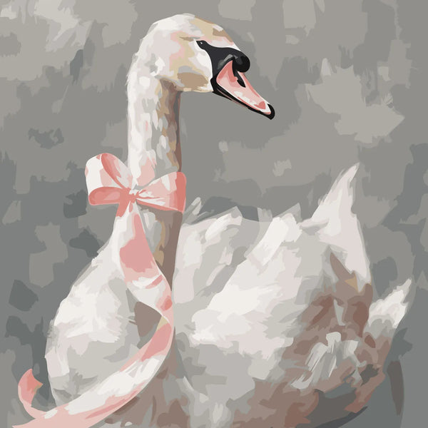 Elegant white swan with a pink ribbon on a gray background