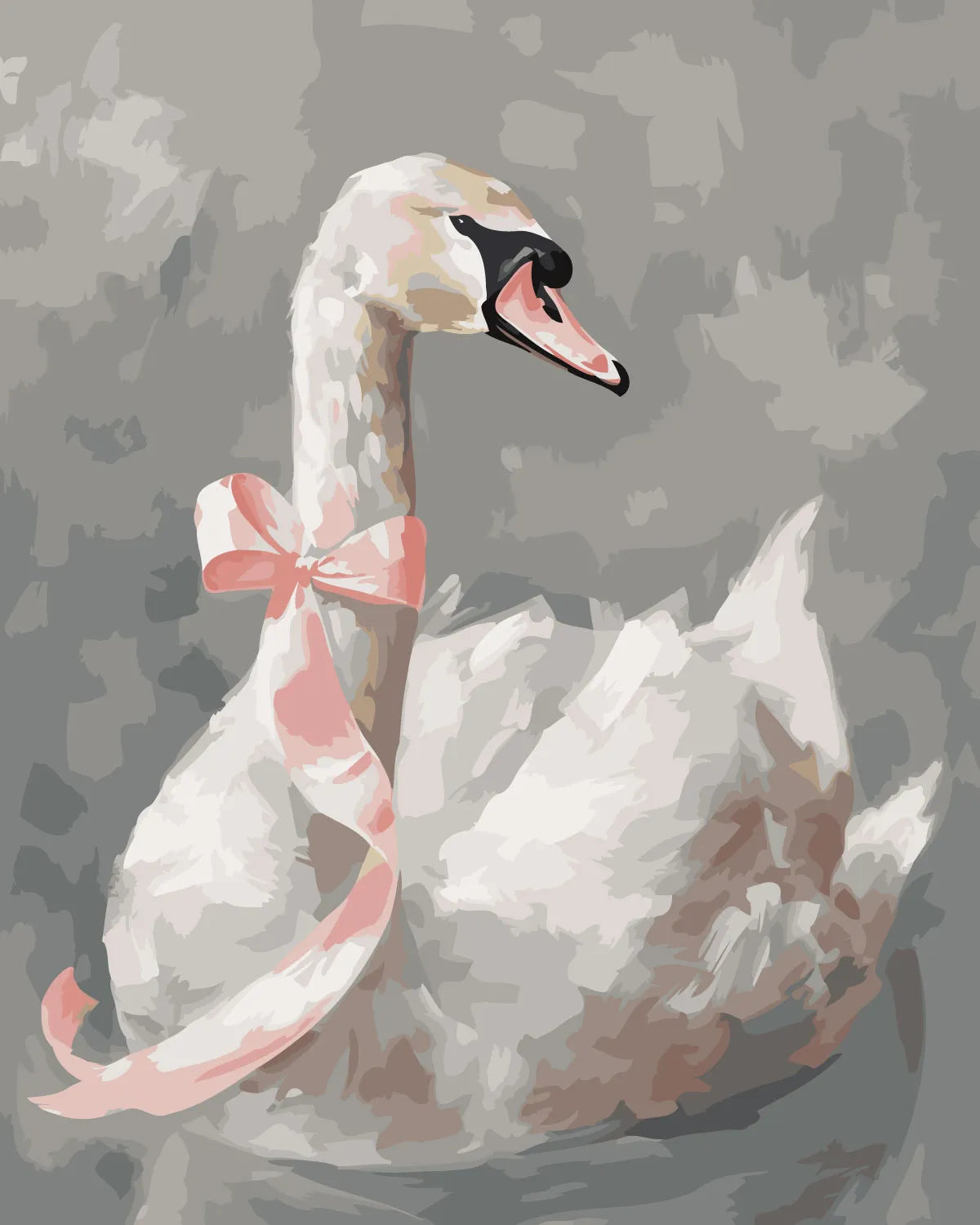 Elegant white swan with a pink ribbon on a gray background