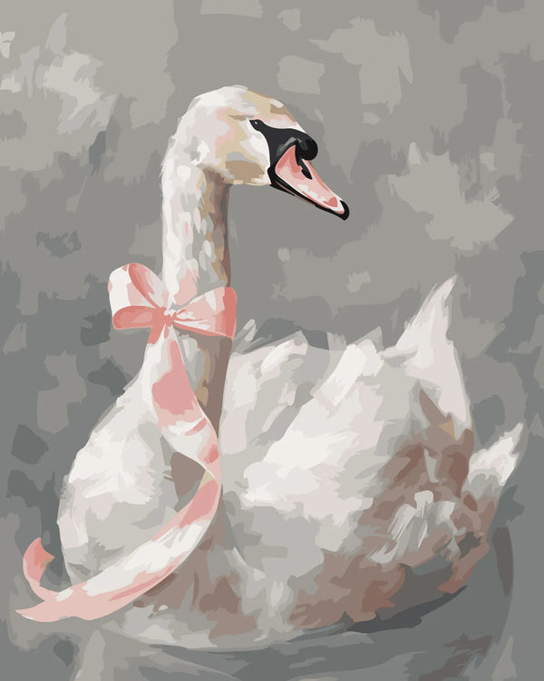 Elegant white swan with a pink ribbon on a gray background