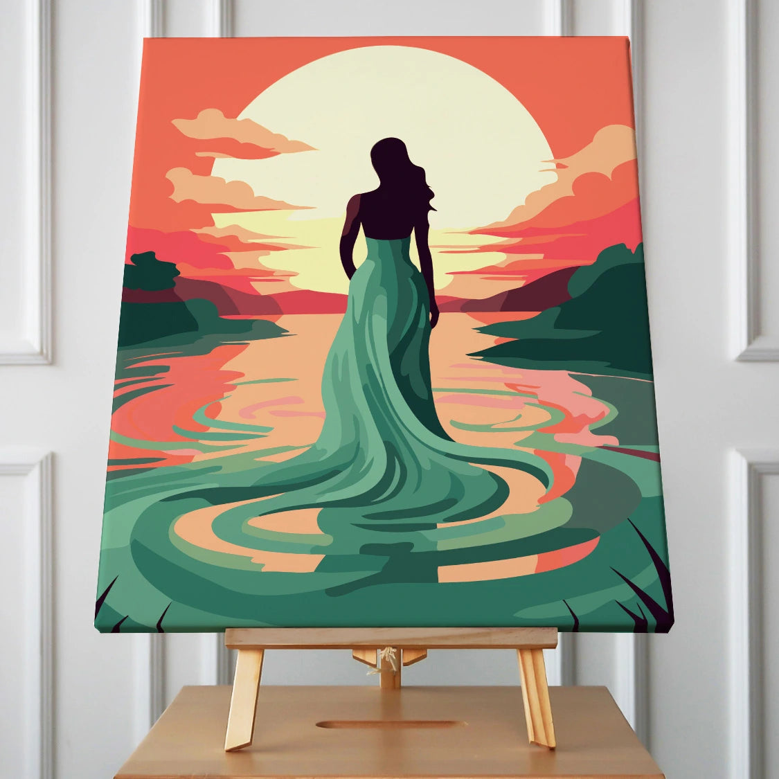 Silhouetted woman in flowing dress standing before a sunset lake