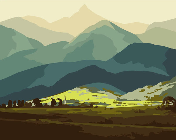 Scenic landscape painting of rolling green mountains and valleys