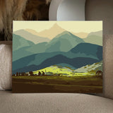 Scenic landscape painting of rolling green mountains and valleys