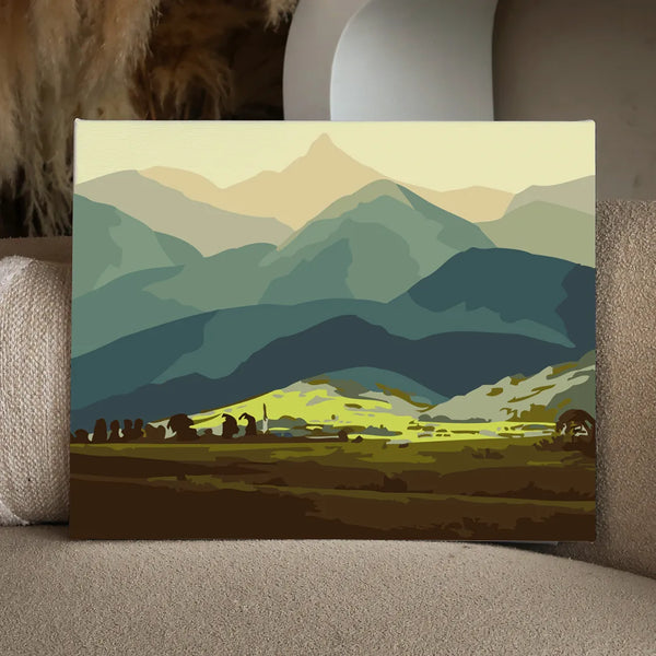 Scenic landscape painting of rolling green mountains and valleys