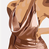 Painting of a woman in a silky, elegant champagne-colored dress