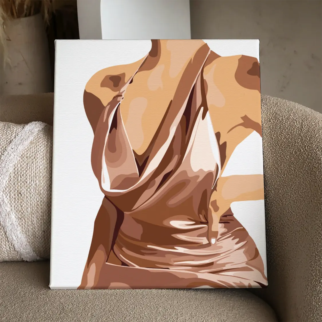 Painting of a woman in a silky, elegant champagne-colored dress