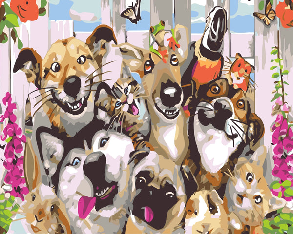 Painting of happy dogs, cats, and other pets in a garden