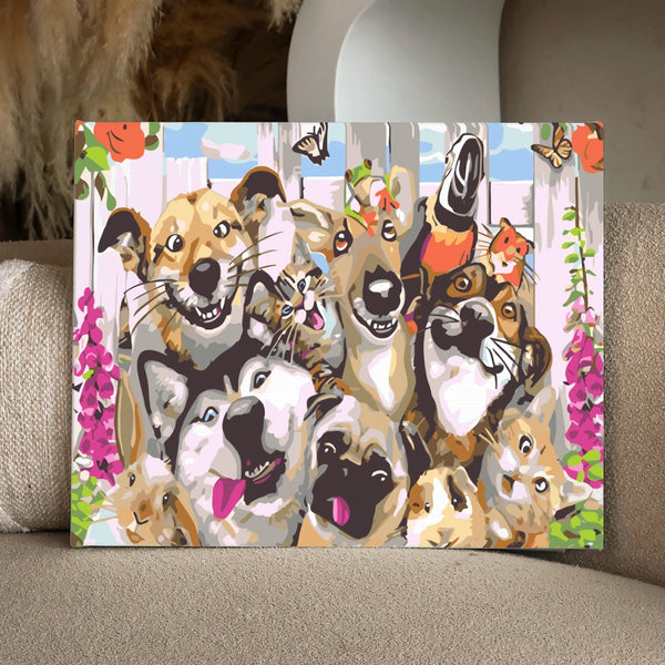 Painting of happy dogs, cats, and other pets in a garden