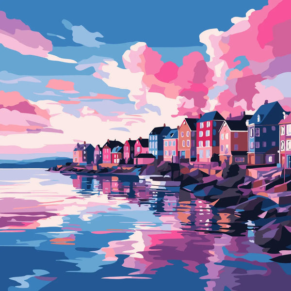 Colorful coastal town with vibrant sky reflecting on calm water