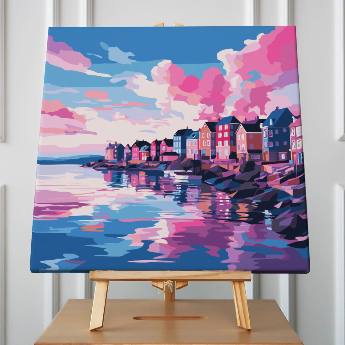 Colorful coastal town with vibrant sky reflecting on calm water