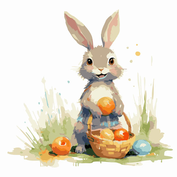 Cute Easter bunny holding colorful eggs in a basket outdoors