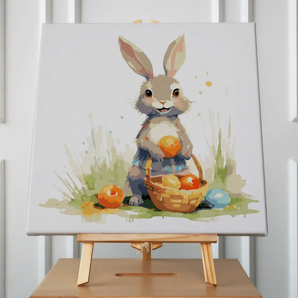 Cute Easter bunny holding colorful eggs in a basket outdoors