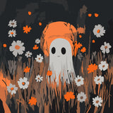 Cute ghost in a spooky flower field under a glowing moon