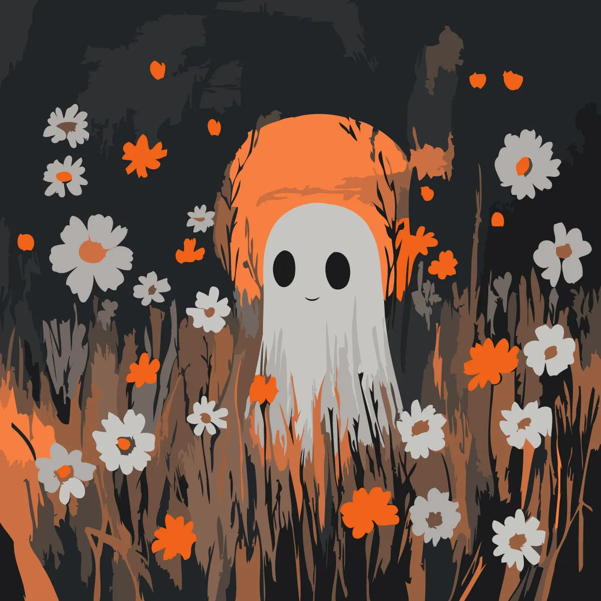 Cute ghost in a spooky flower field under a glowing moon