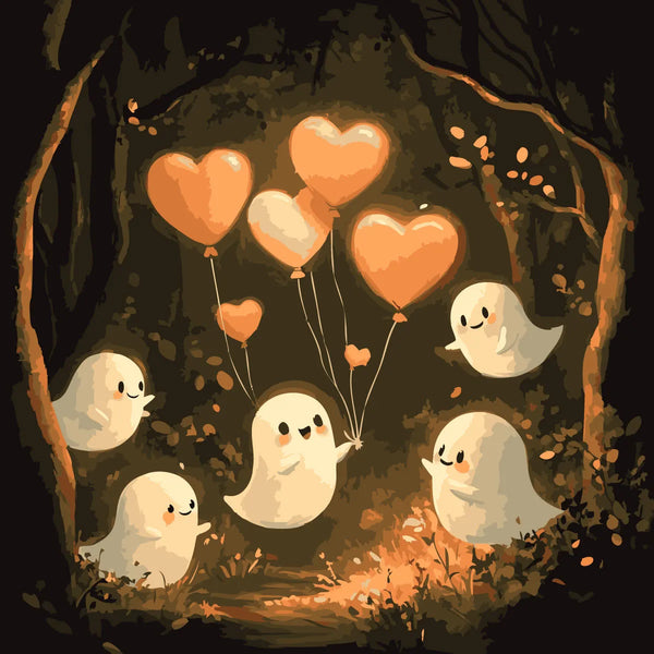 Cute ghosts in a forest holding glowing heart-shaped balloons at night