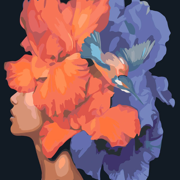 Painting of a woman with large flowers and a bird