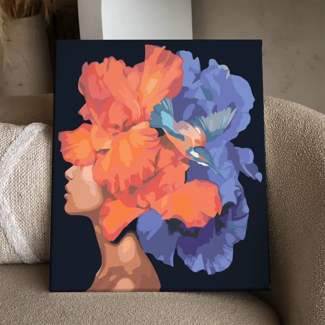 Painting of a woman with large flowers and a bird