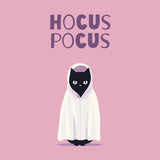 Black cat in ghost costume with