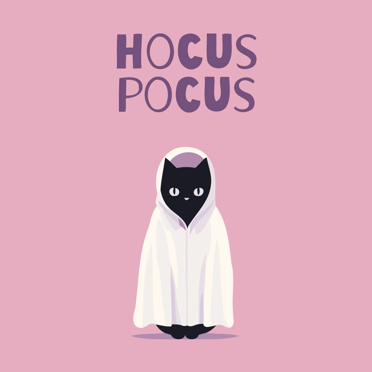 Black cat in ghost costume with "Hocus Pocus" text on pink background