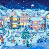 Painting of a festive snowy village with people celebrating Christmas
