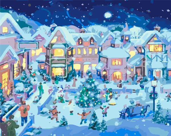 Painting of a festive snowy village with people celebrating Christmas