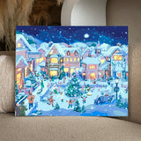Painting of a festive snowy village with people celebrating Christmas