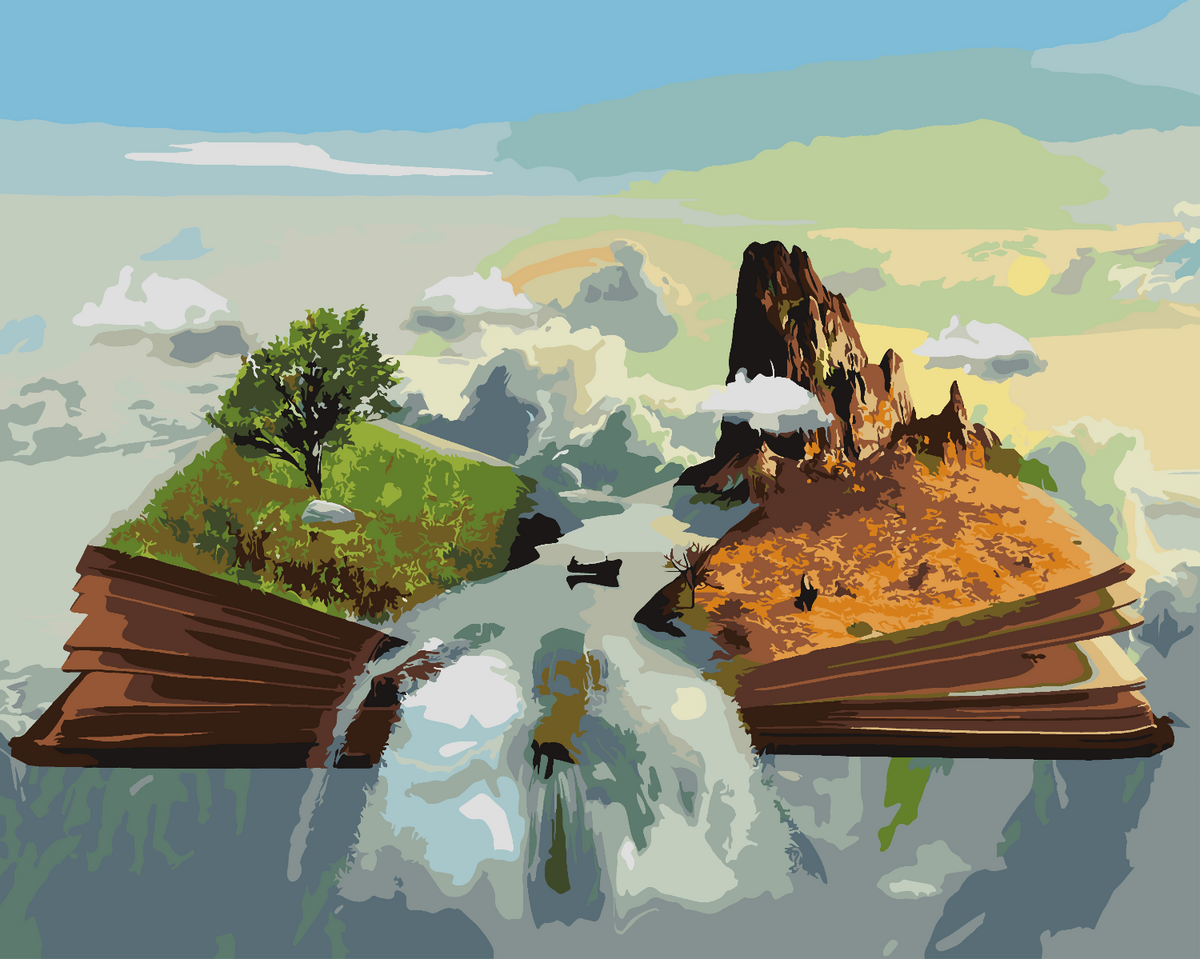 Surreal painting of an open book transforming into landscapes