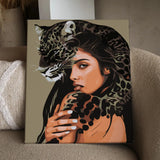 Woman blending with a leopard in a surreal artistic portrait