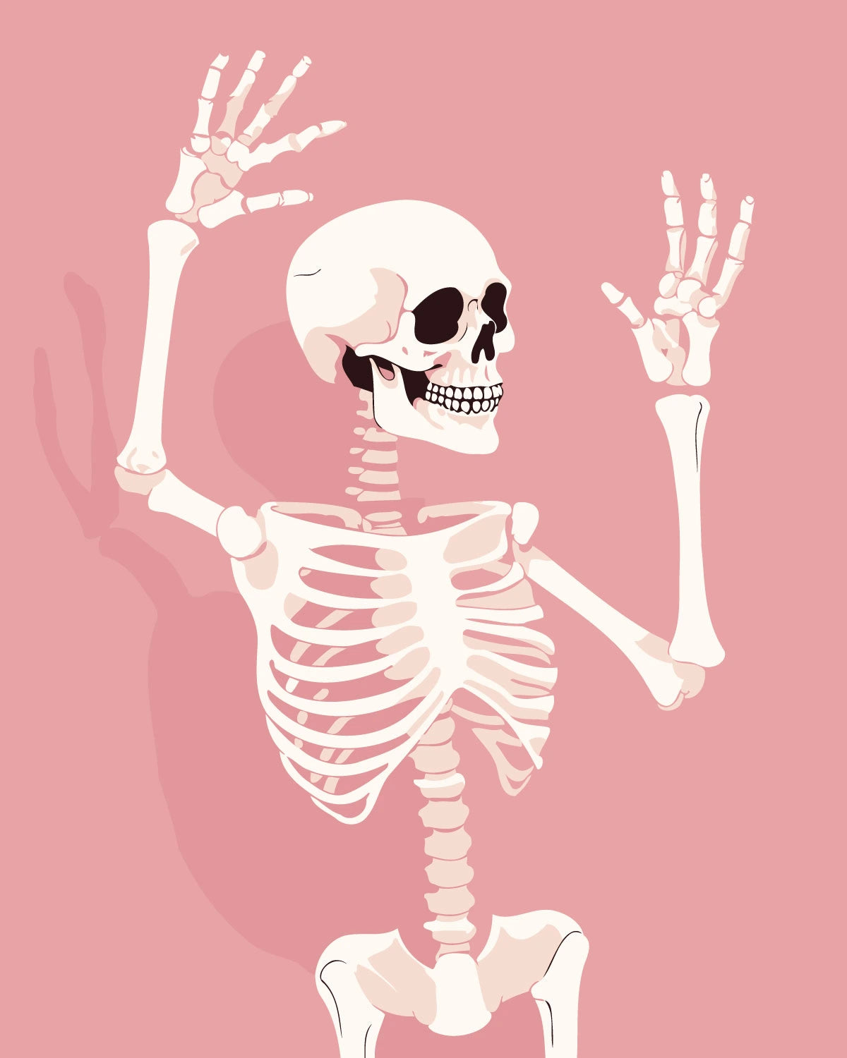 Smiling skeleton raising hands against a pink background illustration