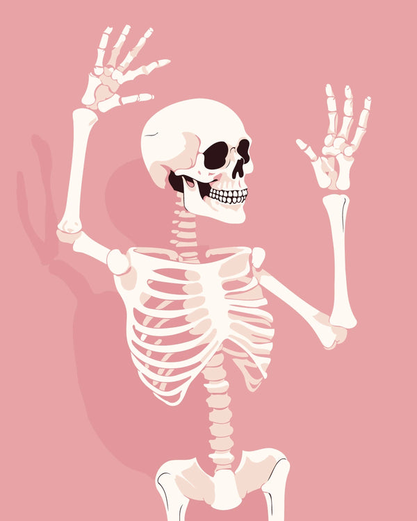 Smiling skeleton raising hands against a pink background illustration