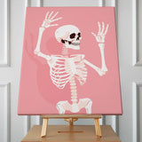 Smiling skeleton raising hands against a pink background illustration