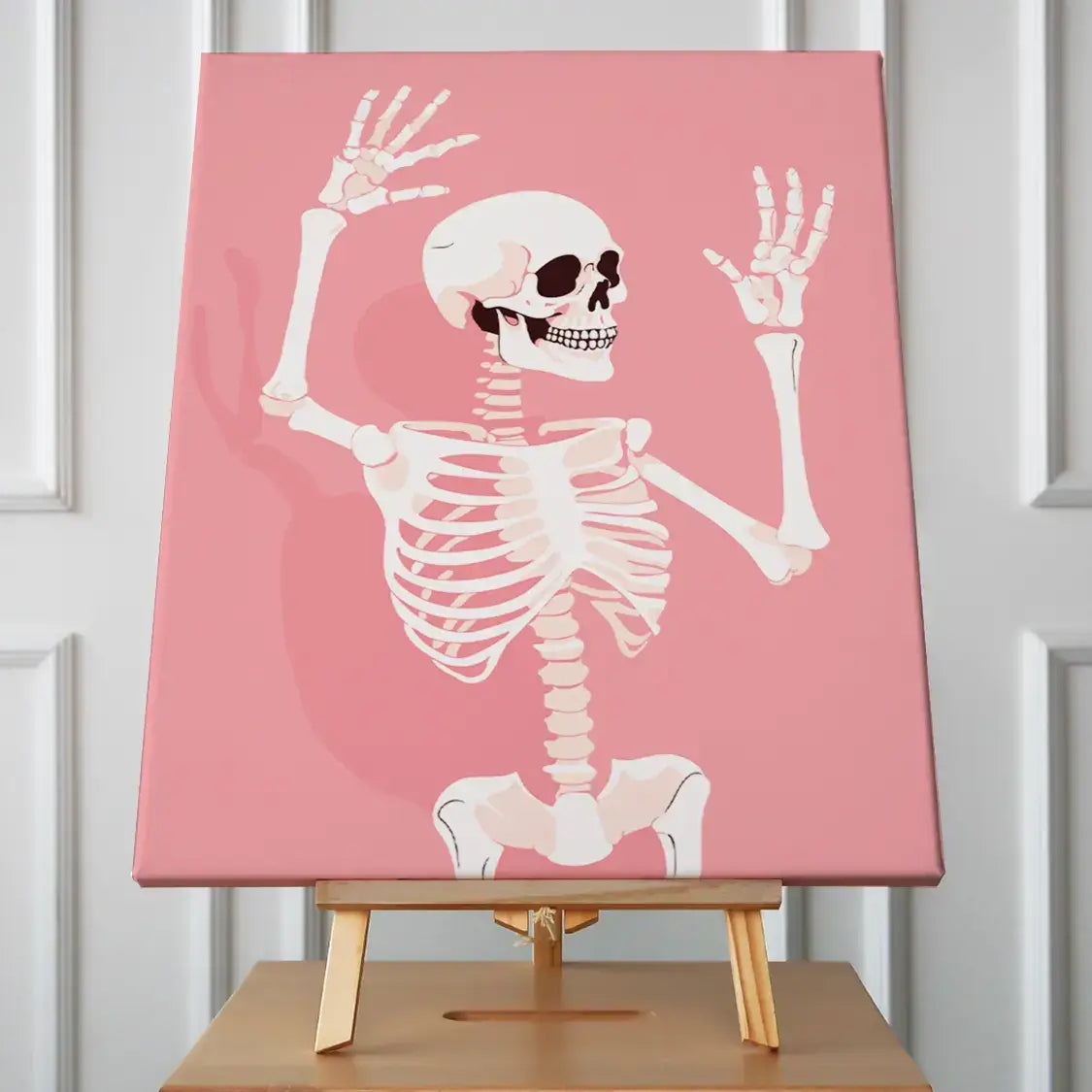 Smiling skeleton raising hands against a pink background illustration