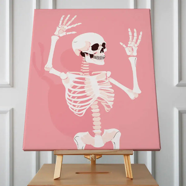 Smiling skeleton raising hands against a pink background illustration