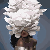 Stylized painting of a woman with large white flowers covering eyes