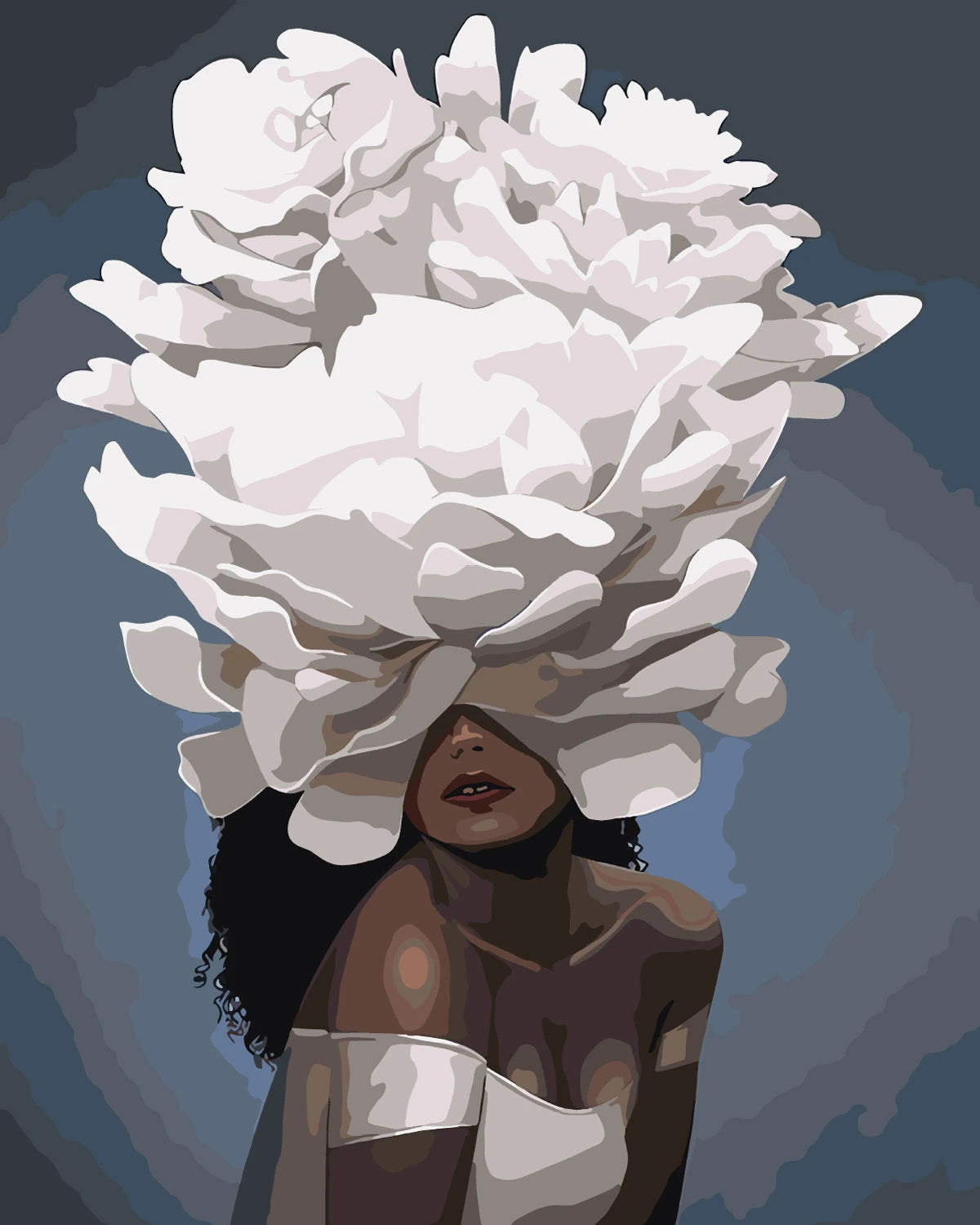 Stylized painting of a woman with large white flowers covering eyes