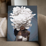 Stylized painting of a woman with large white flowers covering eyes