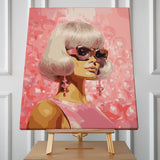 Stylish woman with blonde bob haircut wearing sunglasses and earrings