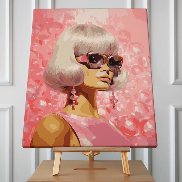 Stylish woman with blonde bob haircut wearing sunglasses and earrings