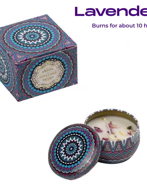 Lavender scented candle in a purple mandala tin with gift box – 10-hour burn time