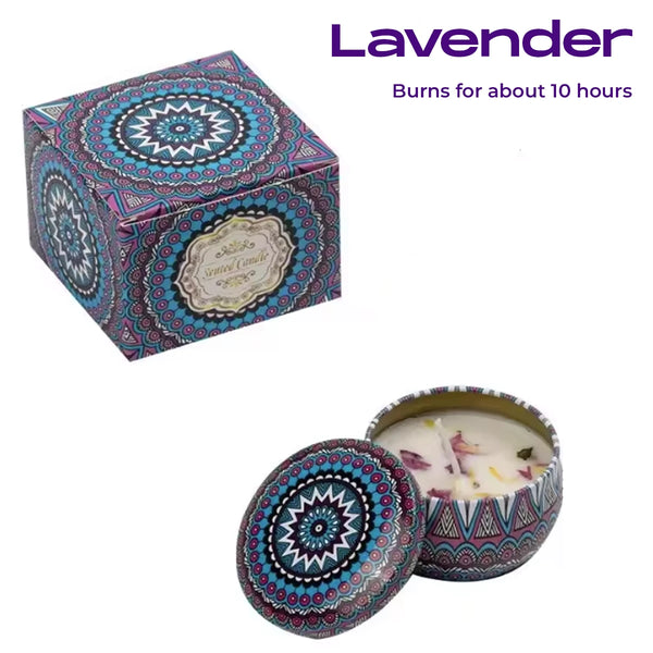 Lavender scented candle in a purple mandala tin with gift box – 10-hour burn time