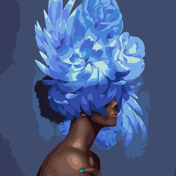 Stylized painting of a woman with vibrant blue flowers covering eyes